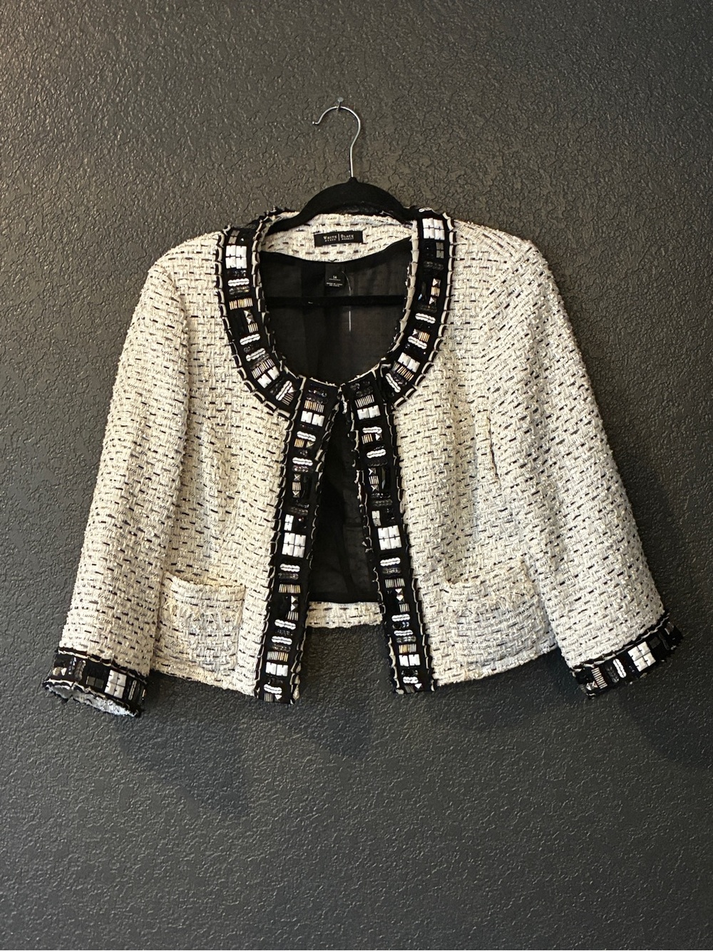 WHBM Cream Tweed Cropped Jacket with Black Trim